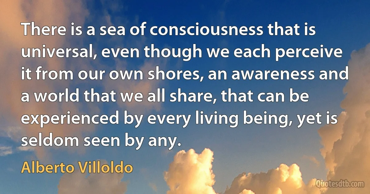 There is a sea of consciousness that is universal, even though we each perceive it from our own shores, an awareness and a world that we all share, that can be experienced by every living being, yet is seldom seen by any. (Alberto Villoldo)