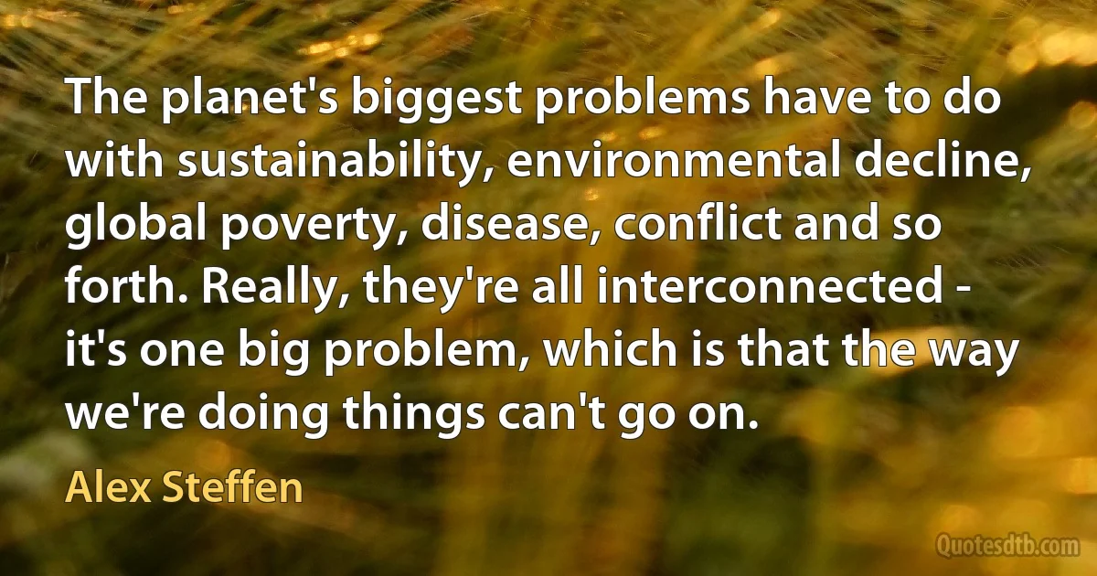 The planet's biggest problems have to do with sustainability, environmental decline, global poverty, disease, conflict and so forth. Really, they're all interconnected - it's one big problem, which is that the way we're doing things can't go on. (Alex Steffen)