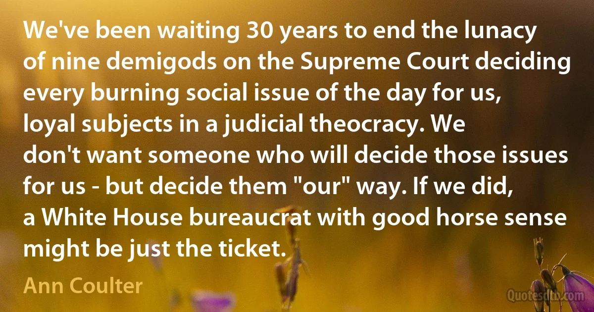 We've been waiting 30 years to end the lunacy of nine demigods on the Supreme Court deciding every burning social issue of the day for us, loyal subjects in a judicial theocracy. We don't want someone who will decide those issues for us - but decide them "our" way. If we did, a White House bureaucrat with good horse sense might be just the ticket. (Ann Coulter)