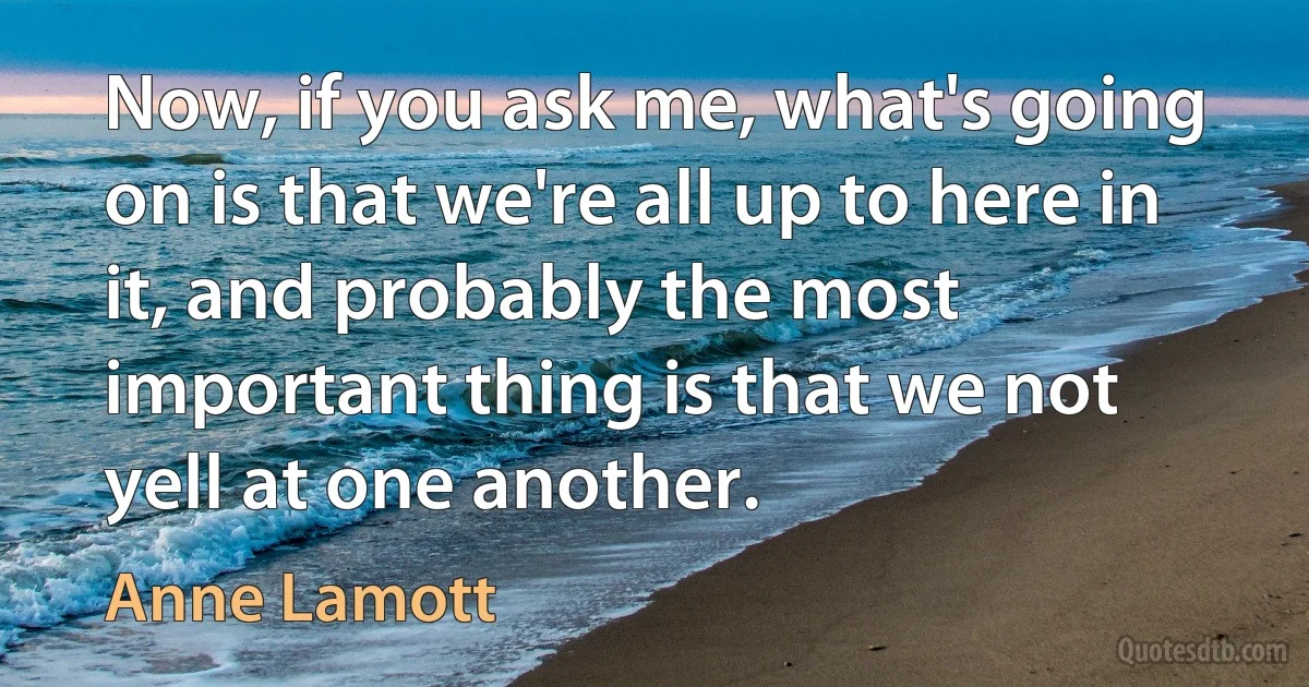 Now, if you ask me, what's going on is that we're all up to here in it, and probably the most important thing is that we not yell at one another. (Anne Lamott)