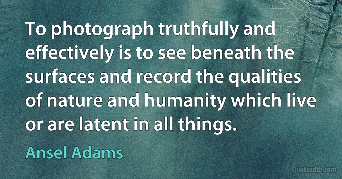 To photograph truthfully and effectively is to see beneath the surfaces and record the qualities of nature and humanity which live or are latent in all things. (Ansel Adams)