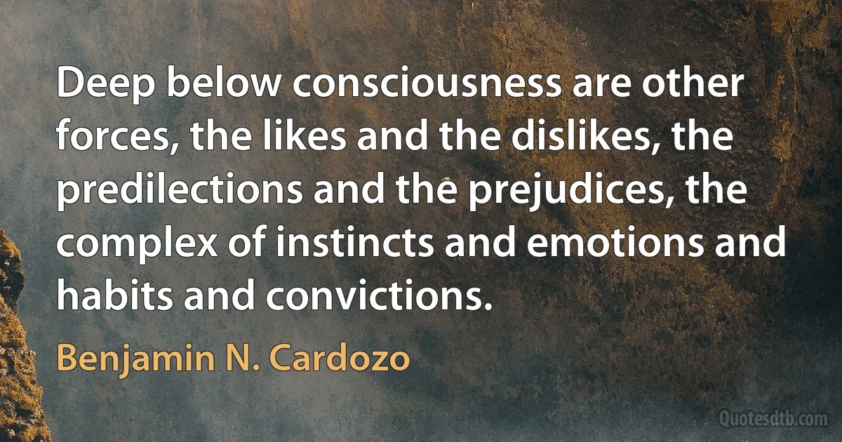 Deep below consciousness are other forces, the likes and the dislikes, the predilections and the prejudices, the complex of instincts and emotions and habits and convictions. (Benjamin N. Cardozo)