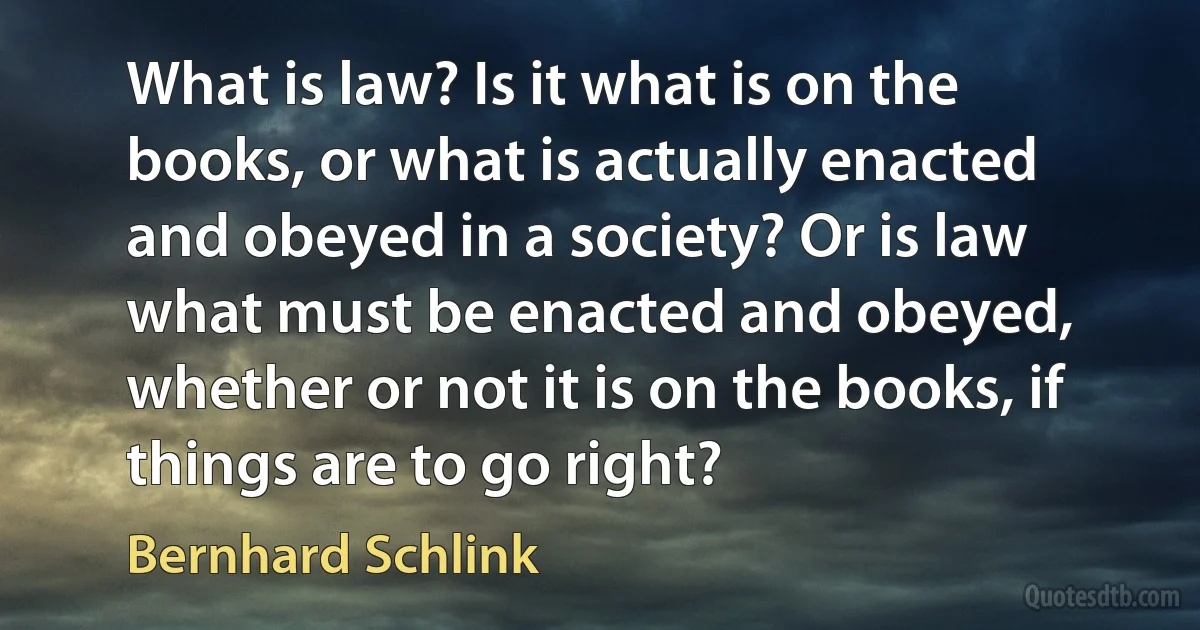 What is law? Is it what is on the books, or what is actually enacted and obeyed in a society? Or is law what must be enacted and obeyed, whether or not it is on the books, if things are to go right? (Bernhard Schlink)