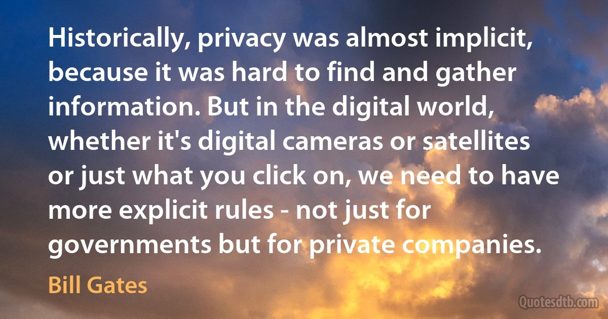 Historically, privacy was almost implicit, because it was hard to find and gather information. But in the digital world, whether it's digital cameras or satellites or just what you click on, we need to have more explicit rules - not just for governments but for private companies. (Bill Gates)