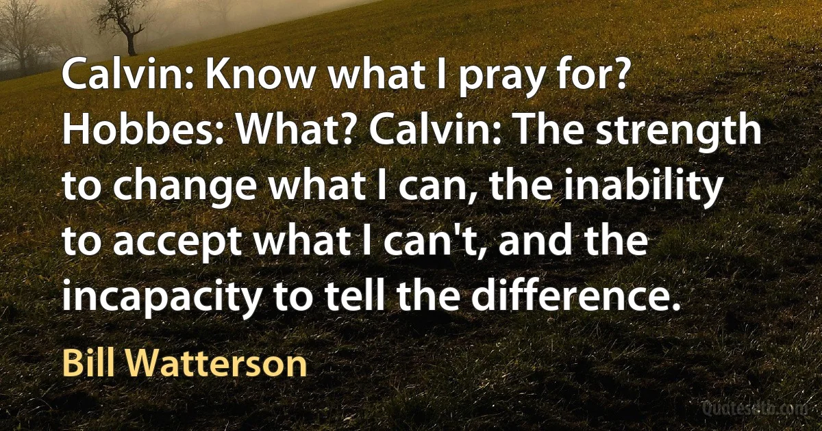 Calvin: Know what I pray for? Hobbes: What? Calvin: The strength to change what I can, the inability to accept what I can't, and the incapacity to tell the difference. (Bill Watterson)