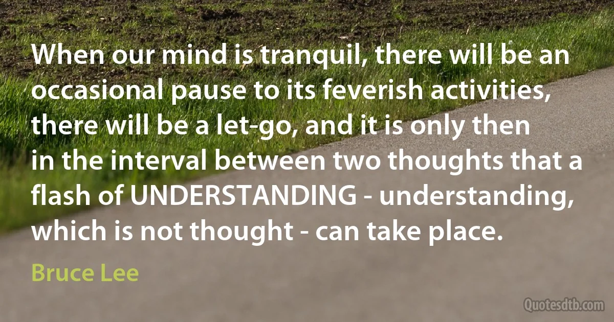 When our mind is tranquil, there will be an occasional pause to its feverish activities, there will be a let-go, and it is only then in the interval between two thoughts that a flash of UNDERSTANDING - understanding, which is not thought - can take place. (Bruce Lee)