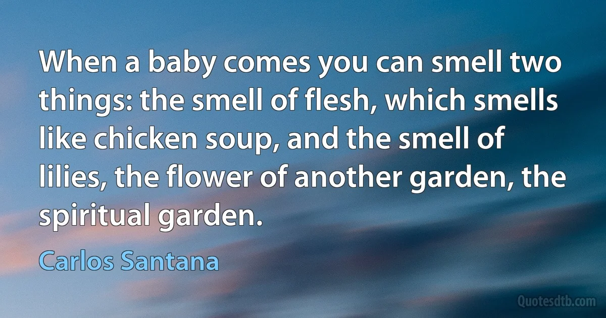 When a baby comes you can smell two things: the smell of flesh, which smells like chicken soup, and the smell of lilies, the flower of another garden, the spiritual garden. (Carlos Santana)