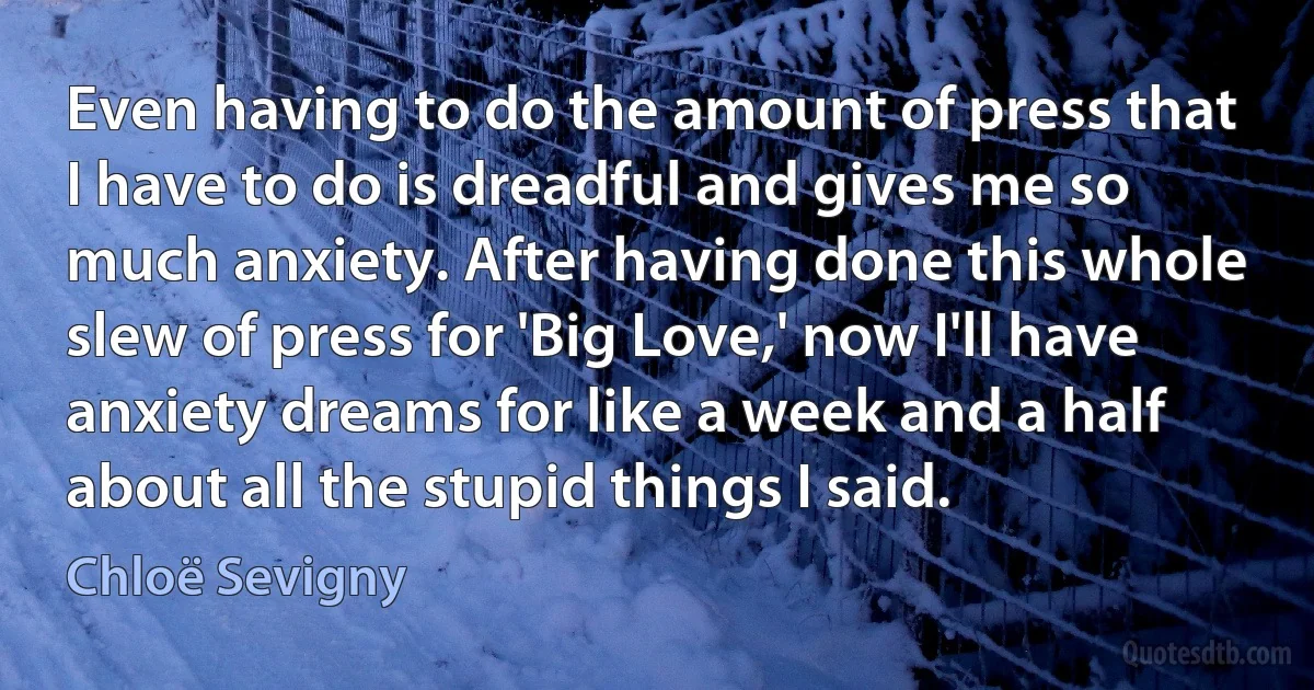 Even having to do the amount of press that I have to do is dreadful and gives me so much anxiety. After having done this whole slew of press for 'Big Love,' now I'll have anxiety dreams for like a week and a half about all the stupid things I said. (Chloë Sevigny)