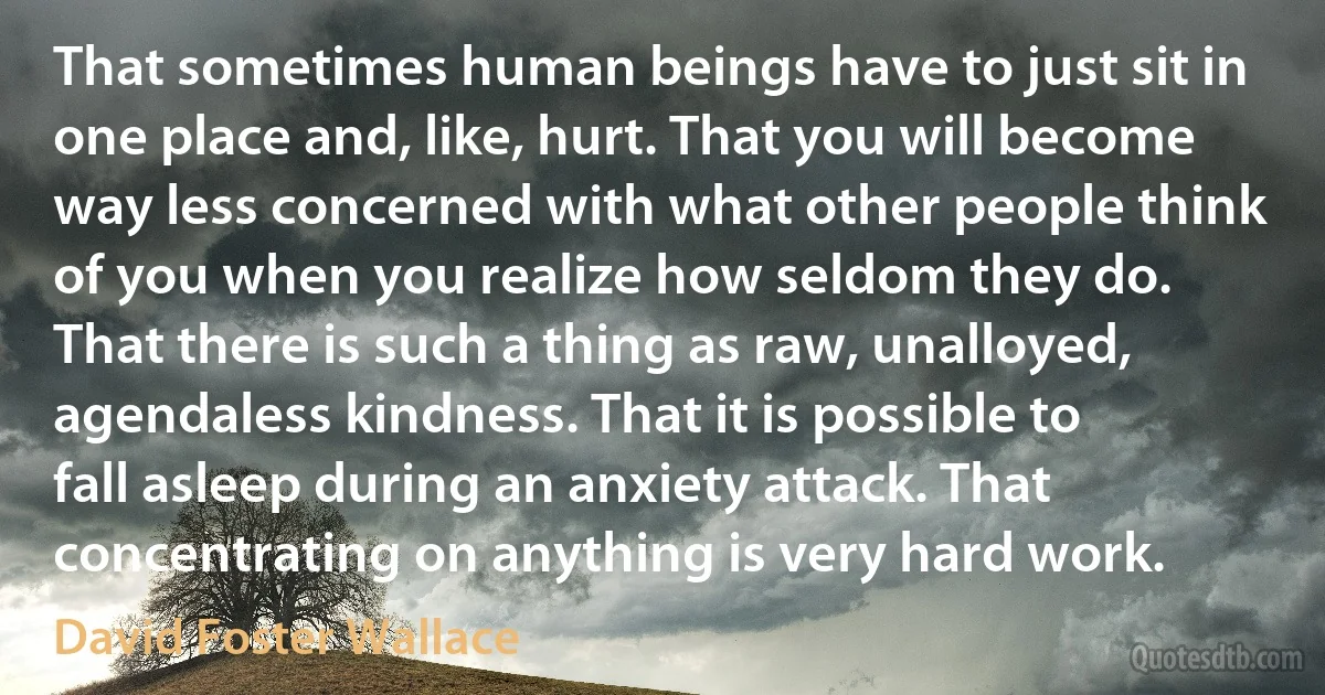 That sometimes human beings have to just sit in one place and, like, hurt. That you will become way less concerned with what other people think of you when you realize how seldom they do. That there is such a thing as raw, unalloyed, agendaless kindness. That it is possible to fall asleep during an anxiety attack. That concentrating on anything is very hard work. (David Foster Wallace)