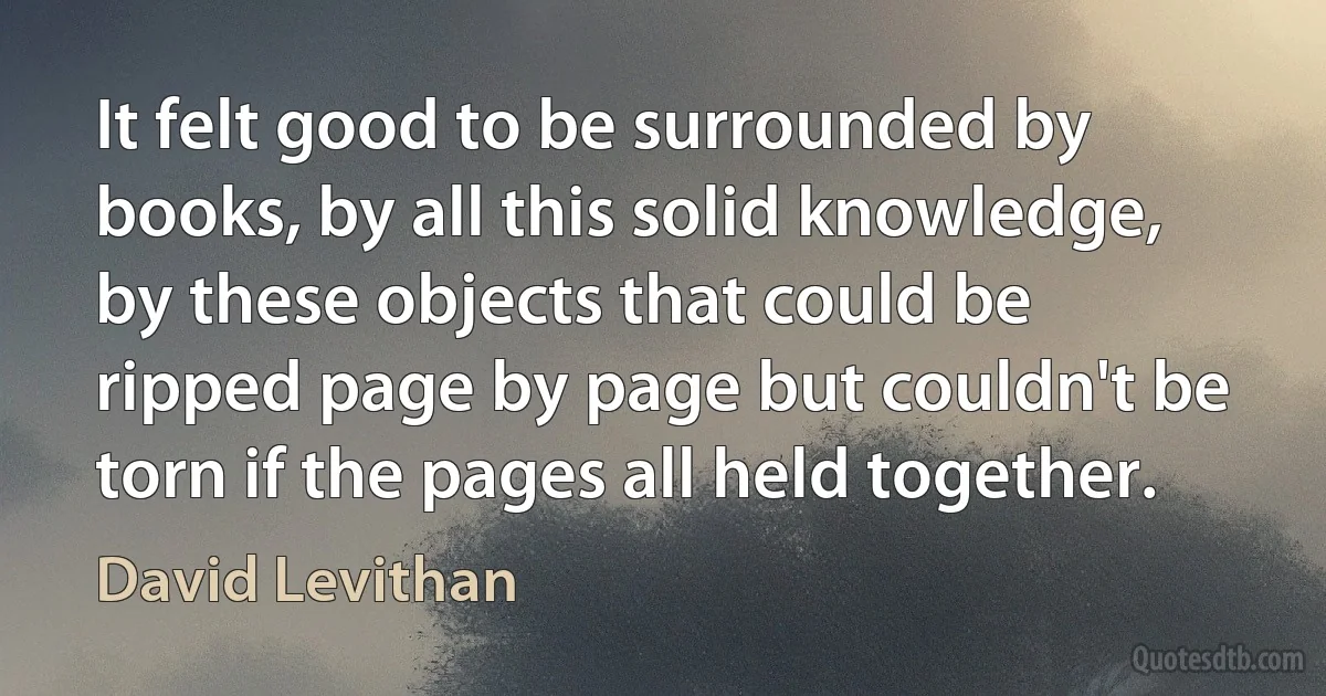 It felt good to be surrounded by books, by all this solid knowledge, by these objects that could be ripped page by page but couldn't be torn if the pages all held together. (David Levithan)