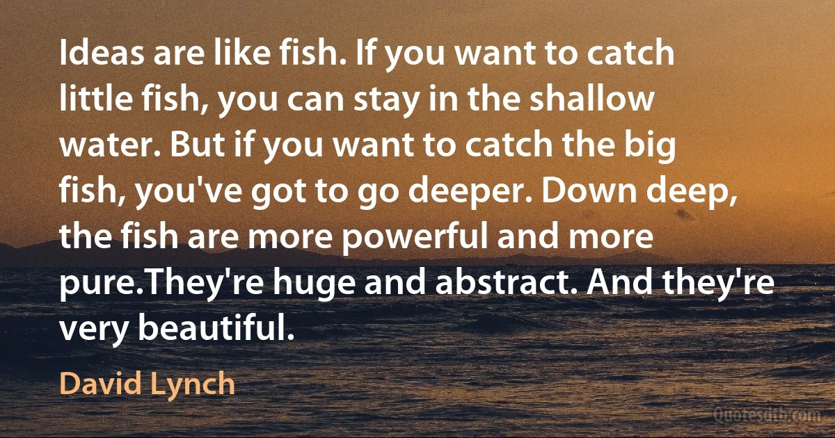 Ideas are like fish. If you want to catch little fish, you can stay in the shallow water. But if you want to catch the big fish, you've got to go deeper. Down deep, the fish are more powerful and more pure.They're huge and abstract. And they're very beautiful. (David Lynch)