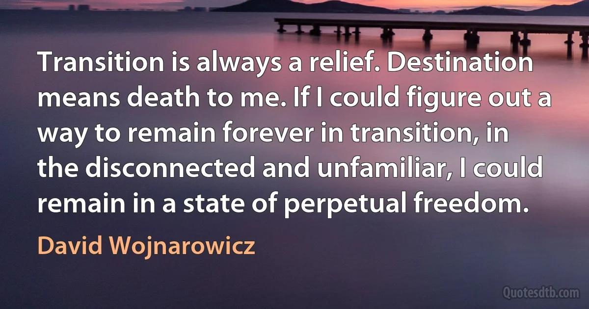 Transition is always a relief. Destination means death to me. If I could figure out a way to remain forever in transition, in the disconnected and unfamiliar, I could remain in a state of perpetual freedom. (David Wojnarowicz)