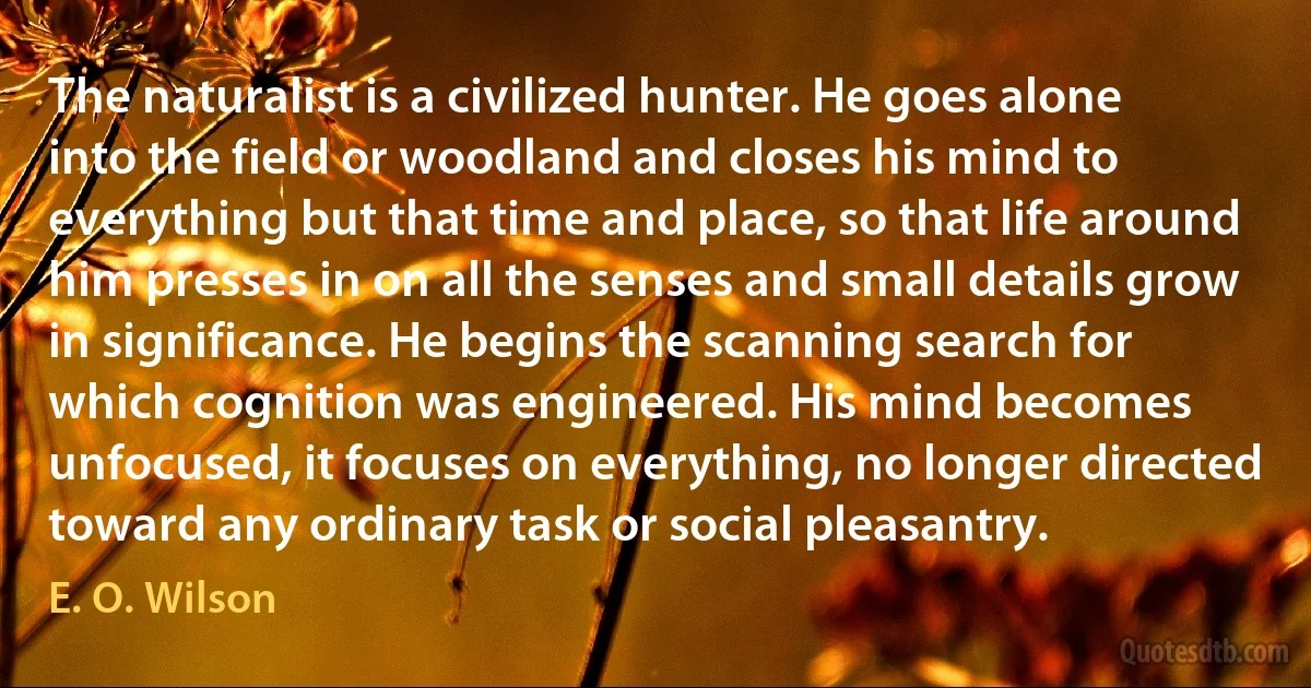 The naturalist is a civilized hunter. He goes alone into the field or woodland and closes his mind to everything but that time and place, so that life around him presses in on all the senses and small details grow in significance. He begins the scanning search for which cognition was engineered. His mind becomes unfocused, it focuses on everything, no longer directed toward any ordinary task or social pleasantry. (E. O. Wilson)