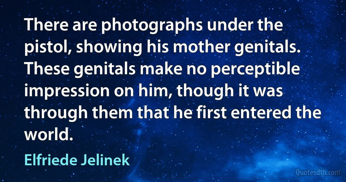 There are photographs under the pistol, showing his mother genitals. These genitals make no perceptible impression on him, though it was through them that he first entered the world. (Elfriede Jelinek)