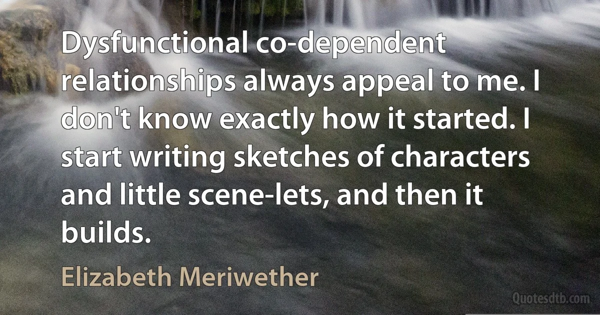 Dysfunctional co-dependent relationships always appeal to me. I don't know exactly how it started. I start writing sketches of characters and little scene-lets, and then it builds. (Elizabeth Meriwether)