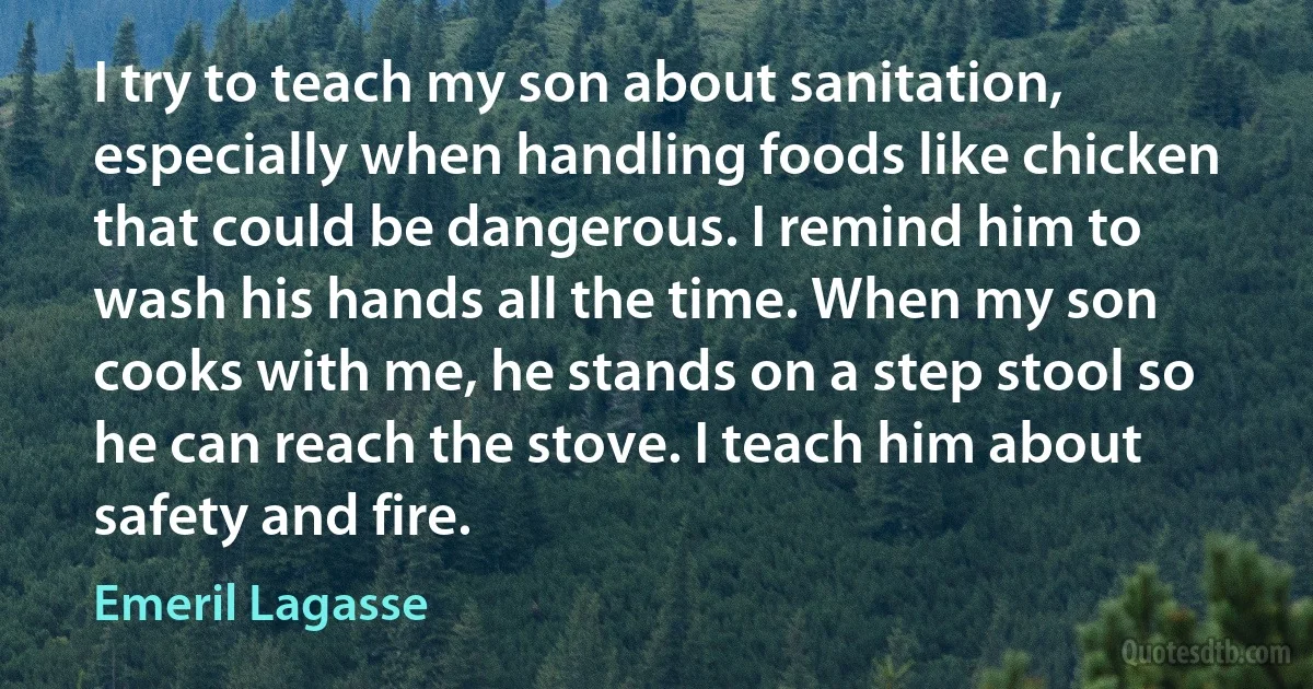 I try to teach my son about sanitation, especially when handling foods like chicken that could be dangerous. I remind him to wash his hands all the time. When my son cooks with me, he stands on a step stool so he can reach the stove. I teach him about safety and fire. (Emeril Lagasse)