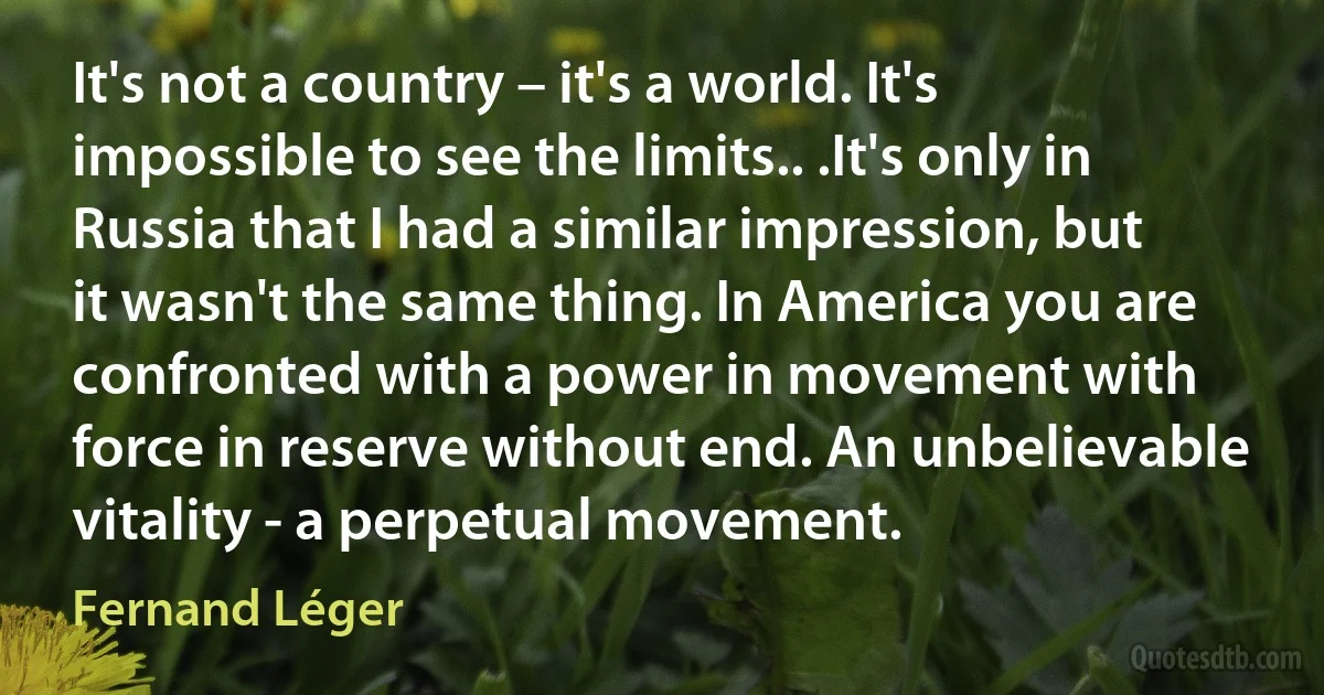 It's not a country – it's a world. It's impossible to see the limits.. .It's only in Russia that I had a similar impression, but it wasn't the same thing. In America you are confronted with a power in movement with force in reserve without end. An unbelievable vitality - a perpetual movement. (Fernand Léger)