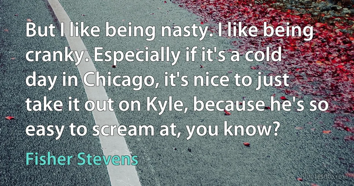 But I like being nasty. I like being cranky. Especially if it's a cold day in Chicago, it's nice to just take it out on Kyle, because he's so easy to scream at, you know? (Fisher Stevens)