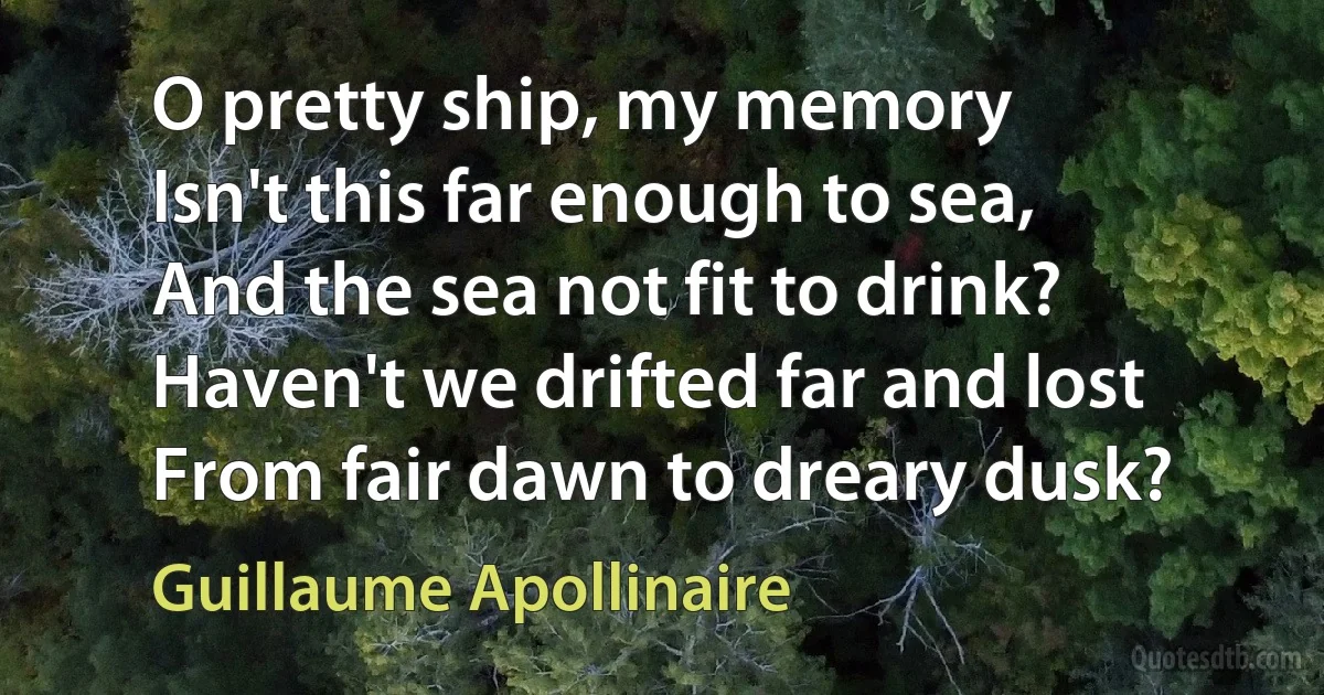 O pretty ship, my memory
Isn't this far enough to sea,
And the sea not fit to drink?
Haven't we drifted far and lost
From fair dawn to dreary dusk? (Guillaume Apollinaire)