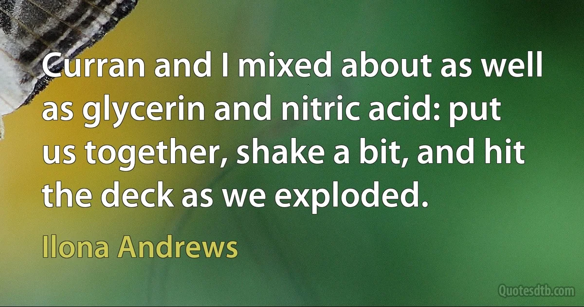 Curran and I mixed about as well as glycerin and nitric acid: put us together, shake a bit, and hit the deck as we exploded. (Ilona Andrews)