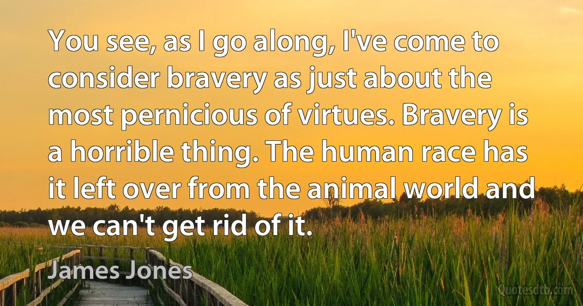 You see, as I go along, I've come to consider bravery as just about the most pernicious of virtues. Bravery is a horrible thing. The human race has it left over from the animal world and we can't get rid of it. (James Jones)