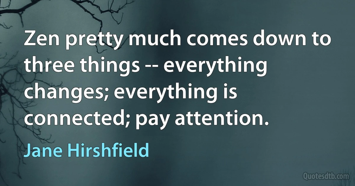 Zen pretty much comes down to three things -- everything changes; everything is connected; pay attention. (Jane Hirshfield)