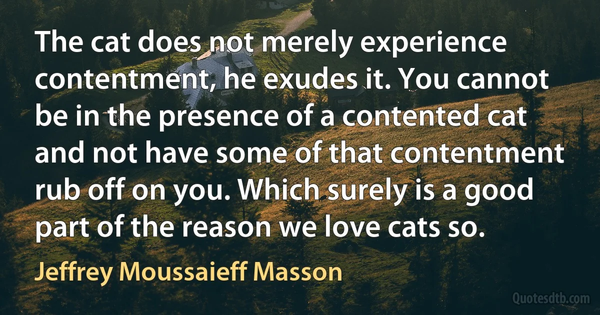 The cat does not merely experience contentment, he exudes it. You cannot be in the presence of a contented cat and not have some of that contentment rub off on you. Which surely is a good part of the reason we love cats so. (Jeffrey Moussaieff Masson)