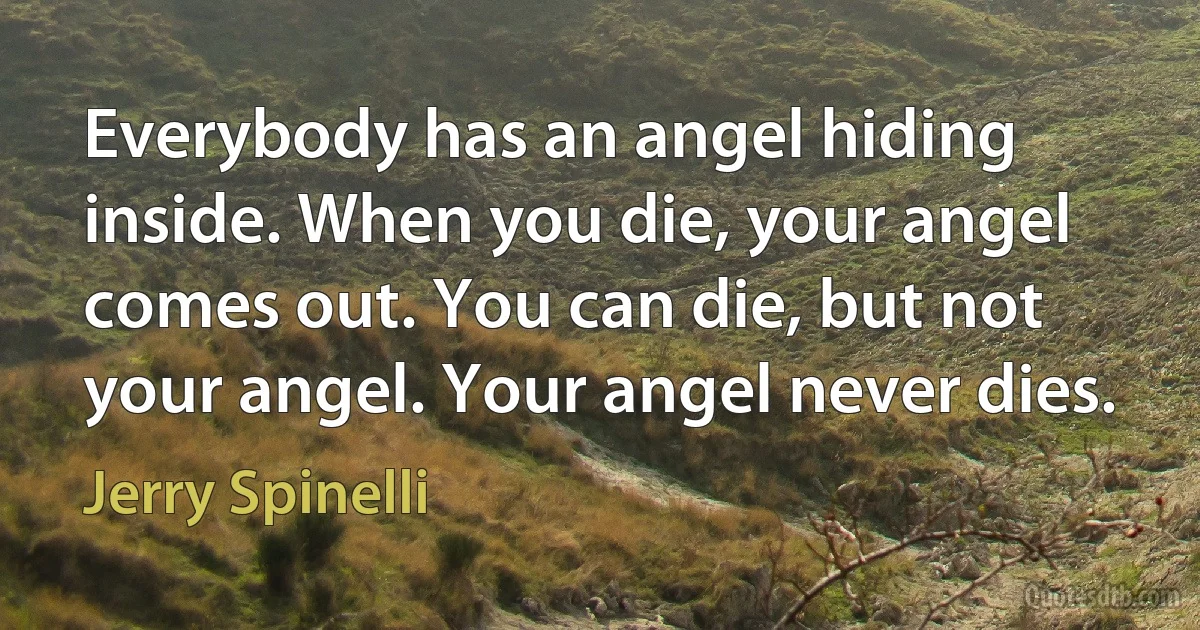 Everybody has an angel hiding inside. When you die, your angel comes out. You can die, but not your angel. Your angel never dies. (Jerry Spinelli)