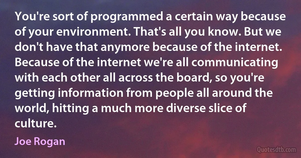 You're sort of programmed a certain way because of your environment. That's all you know. But we don't have that anymore because of the internet. Because of the internet we're all communicating with each other all across the board, so you're getting information from people all around the world, hitting a much more diverse slice of culture. (Joe Rogan)