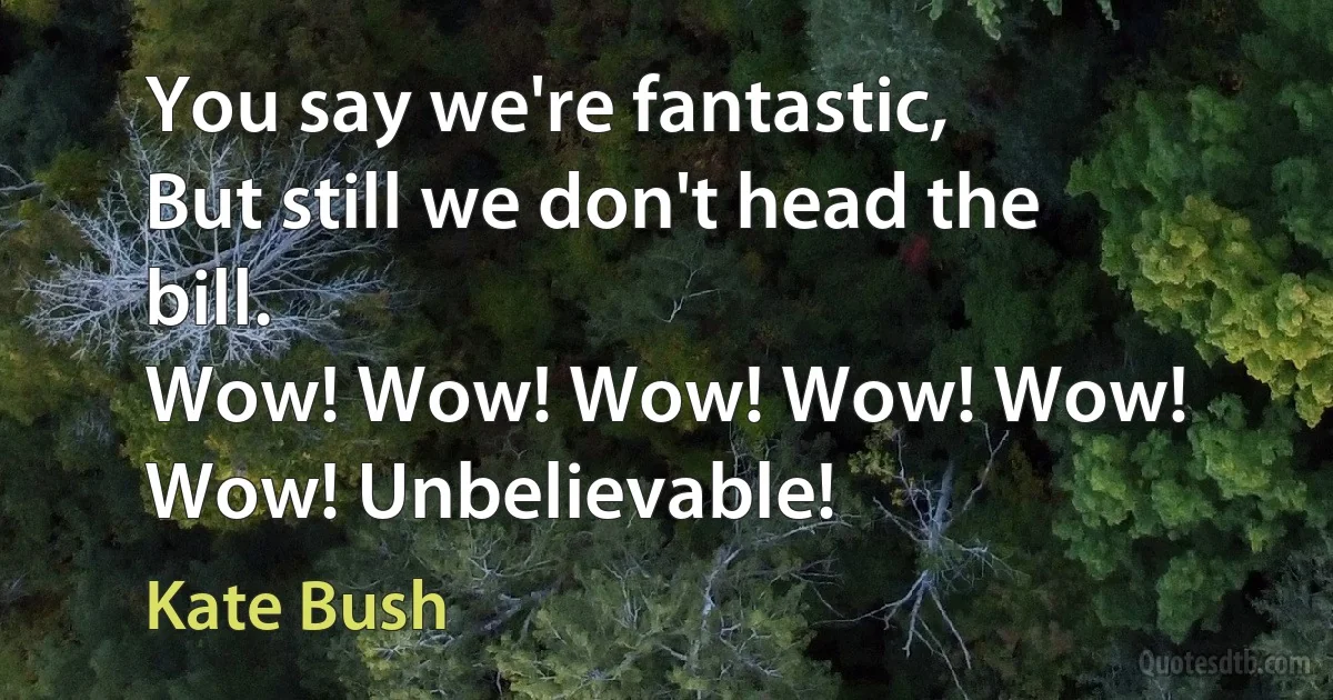 You say we're fantastic,
But still we don't head the bill.
Wow! Wow! Wow! Wow! Wow! Wow! Unbelievable! (Kate Bush)