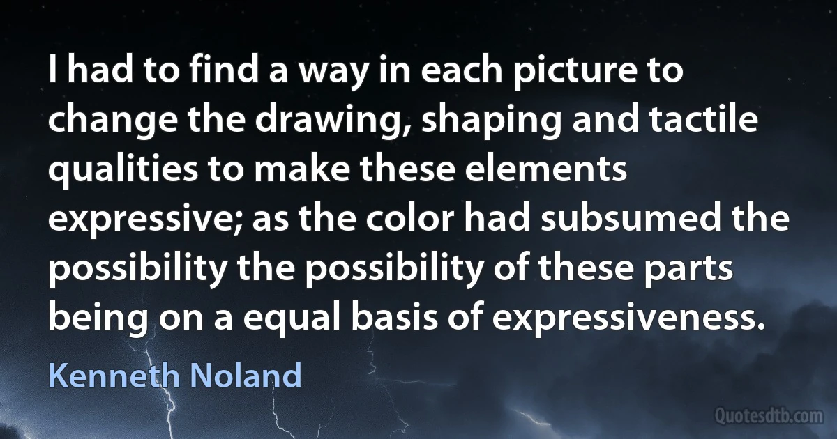 I had to find a way in each picture to change the drawing, shaping and tactile qualities to make these elements expressive; as the color had subsumed the possibility the possibility of these parts being on a equal basis of expressiveness. (Kenneth Noland)