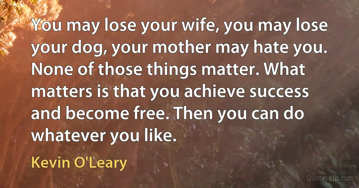 You may lose your wife, you may lose your dog, your mother may hate you. None of those things matter. What matters is that you achieve success and become free. Then you can do whatever you like. (Kevin O'Leary)