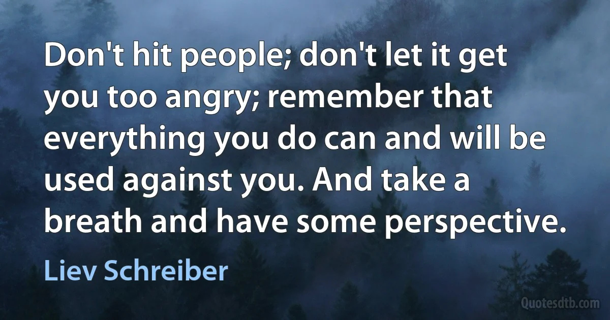 Don't hit people; don't let it get you too angry; remember that everything you do can and will be used against you. And take a breath and have some perspective. (Liev Schreiber)