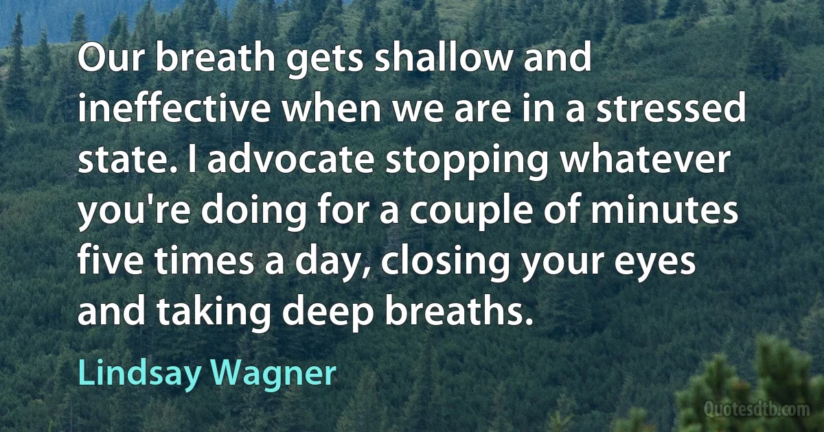 Our breath gets shallow and ineffective when we are in a stressed state. I advocate stopping whatever you're doing for a couple of minutes five times a day, closing your eyes and taking deep breaths. (Lindsay Wagner)