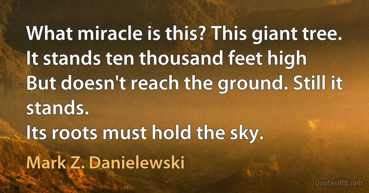 What miracle is this? This giant tree.
It stands ten thousand feet high
But doesn't reach the ground. Still it stands.
Its roots must hold the sky. (Mark Z. Danielewski)