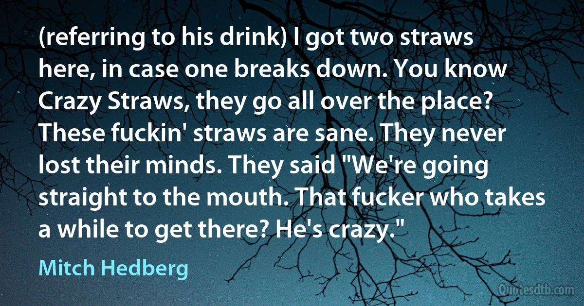 (referring to his drink) I got two straws here, in case one breaks down. You know Crazy Straws, they go all over the place? These fuckin' straws are sane. They never lost their minds. They said "We're going straight to the mouth. That fucker who takes a while to get there? He's crazy." (Mitch Hedberg)