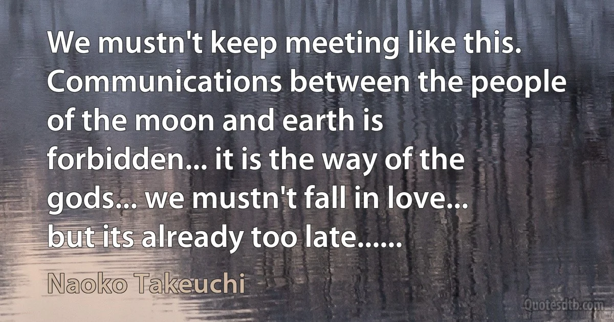 We mustn't keep meeting like this. Communications between the people of the moon and earth is forbidden... it is the way of the gods... we mustn't fall in love... but its already too late...... (Naoko Takeuchi)