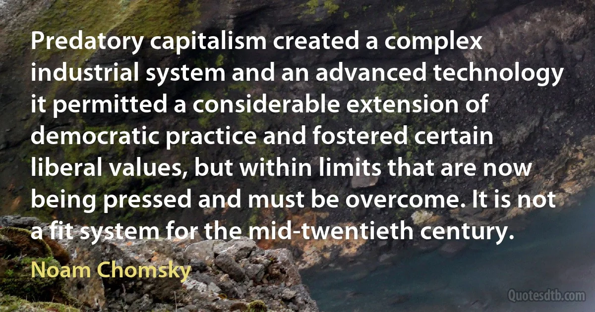 Predatory capitalism created a complex industrial system and an advanced technology it permitted a considerable extension of democratic practice and fostered certain liberal values, but within limits that are now being pressed and must be overcome. It is not a fit system for the mid-twentieth century. (Noam Chomsky)