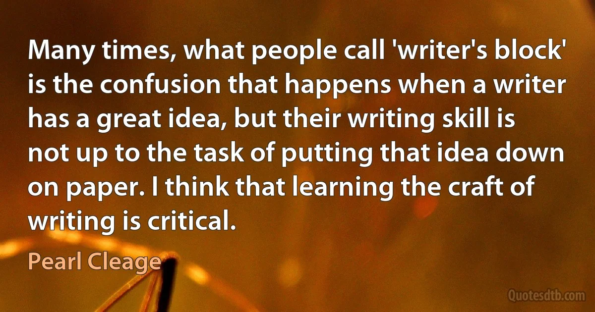 Many times, what people call 'writer's block' is the confusion that happens when a writer has a great idea, but their writing skill is not up to the task of putting that idea down on paper. I think that learning the craft of writing is critical. (Pearl Cleage)