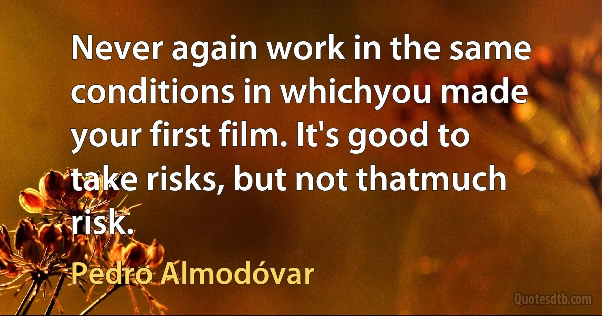 Never again work in the same conditions in whichyou made your first film. It's good to take risks, but not thatmuch risk. (Pedro Almodóvar)