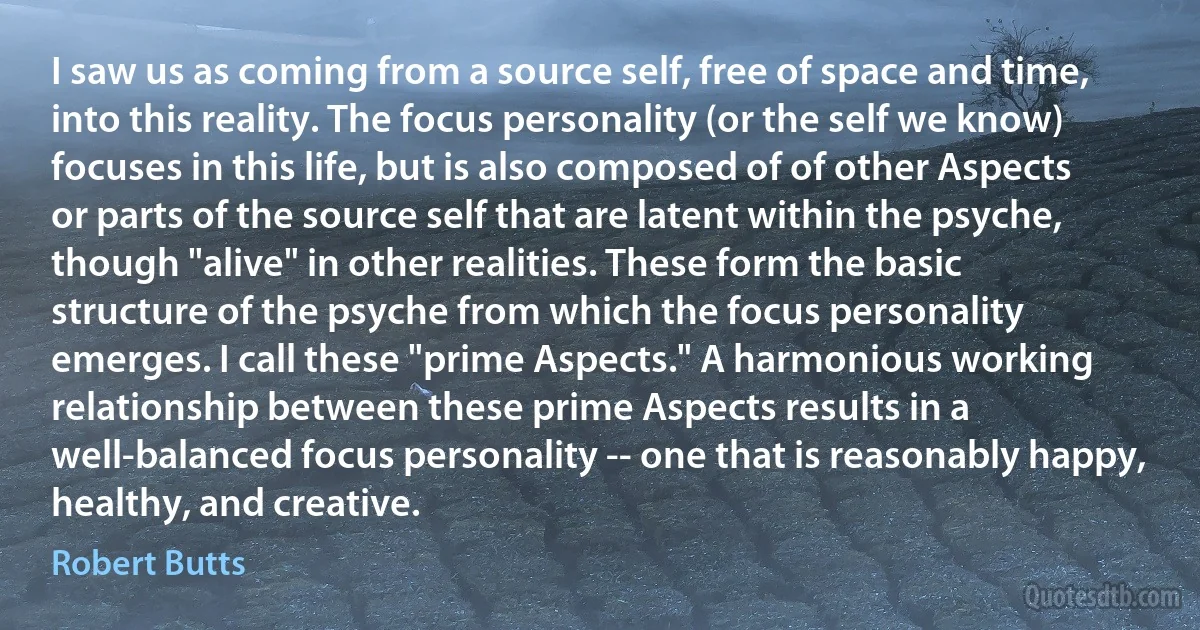 I saw us as coming from a source self, free of space and time, into this reality. The focus personality (or the self we know) focuses in this life, but is also composed of of other Aspects or parts of the source self that are latent within the psyche, though "alive" in other realities. These form the basic structure of the psyche from which the focus personality emerges. I call these "prime Aspects." A harmonious working relationship between these prime Aspects results in a well-balanced focus personality -- one that is reasonably happy, healthy, and creative. (Robert Butts)