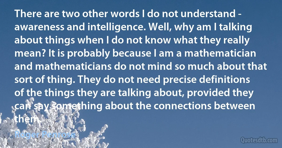 There are two other words I do not understand - awareness and intelligence. Well, why am I talking about things when I do not know what they really mean? It is probably because I am a mathematician and mathematicians do not mind so much about that sort of thing. They do not need precise definitions of the things they are talking about, provided they can say something about the connections between them. (Roger Penrose)