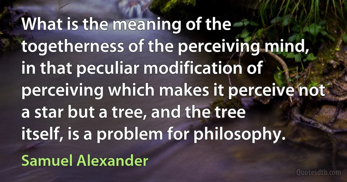 What is the meaning of the togetherness of the perceiving mind, in that peculiar modification of perceiving which makes it perceive not a star but a tree, and the tree itself, is a problem for philosophy. (Samuel Alexander)