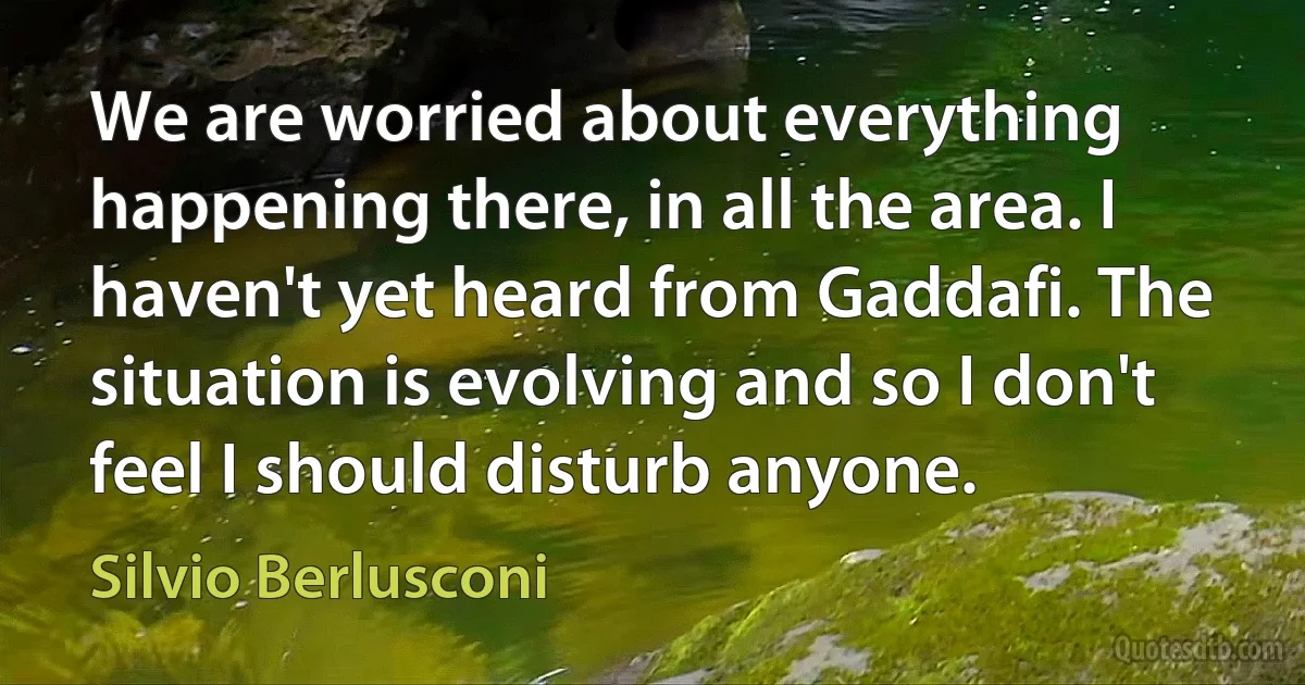 We are worried about everything happening there, in all the area. I haven't yet heard from Gaddafi. The situation is evolving and so I don't feel I should disturb anyone. (Silvio Berlusconi)