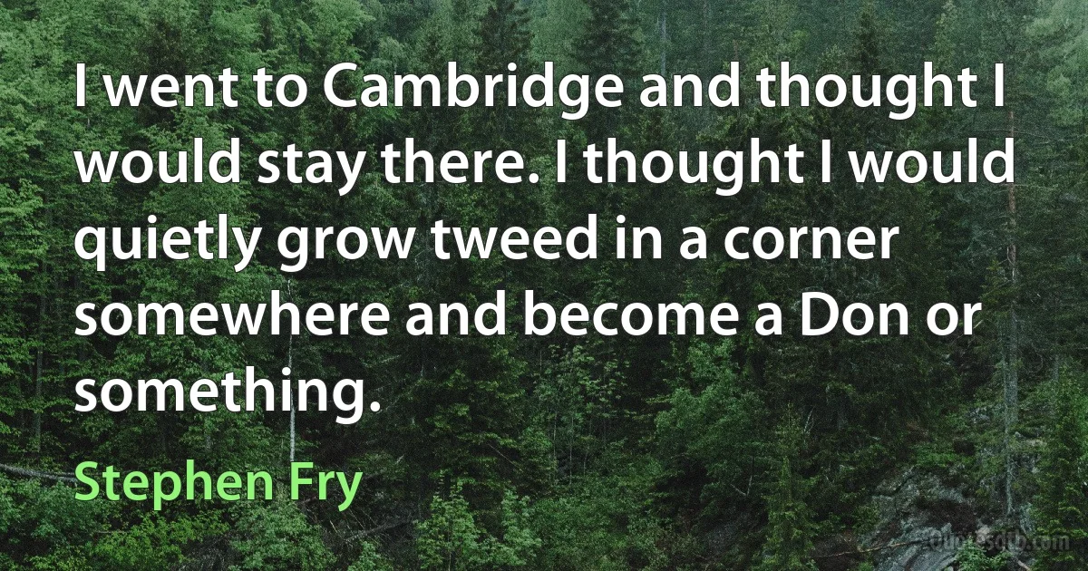 I went to Cambridge and thought I would stay there. I thought I would quietly grow tweed in a corner somewhere and become a Don or something. (Stephen Fry)