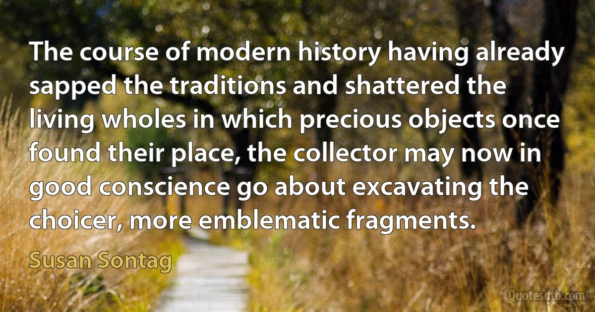 The course of modern history having already sapped the traditions and shattered the living wholes in which precious objects once found their place, the collector may now in good conscience go about excavating the choicer, more emblematic fragments. (Susan Sontag)