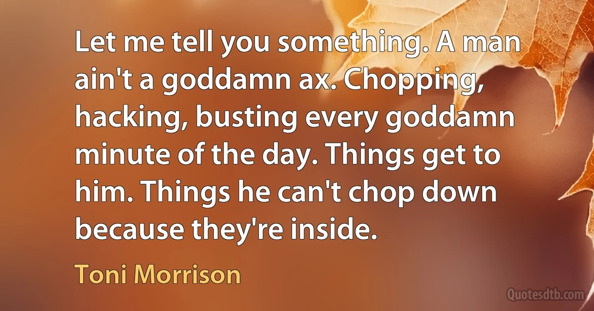 Let me tell you something. A man ain't a goddamn ax. Chopping, hacking, busting every goddamn minute of the day. Things get to him. Things he can't chop down because they're inside. (Toni Morrison)