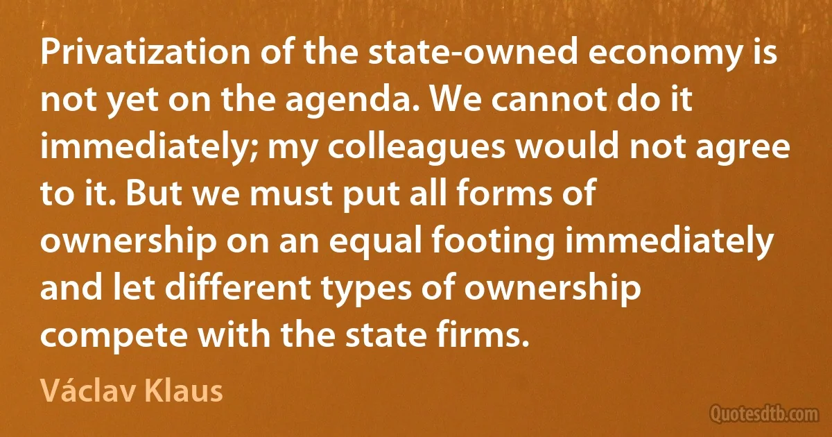 Privatization of the state-owned economy is not yet on the agenda. We cannot do it immediately; my colleagues would not agree to it. But we must put all forms of ownership on an equal footing immediately and let different types of ownership compete with the state firms. (Václav Klaus)