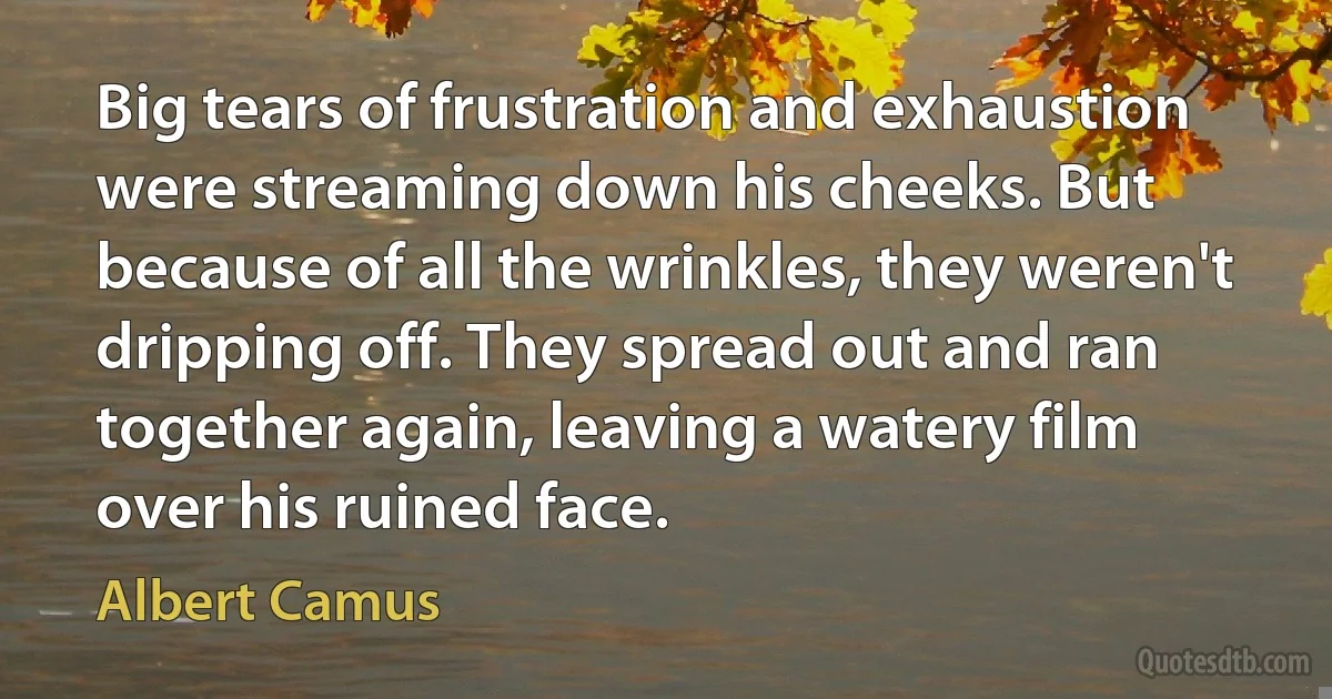 Big tears of frustration and exhaustion were streaming down his cheeks. But because of all the wrinkles, they weren't dripping off. They spread out and ran together again, leaving a watery film over his ruined face. (Albert Camus)