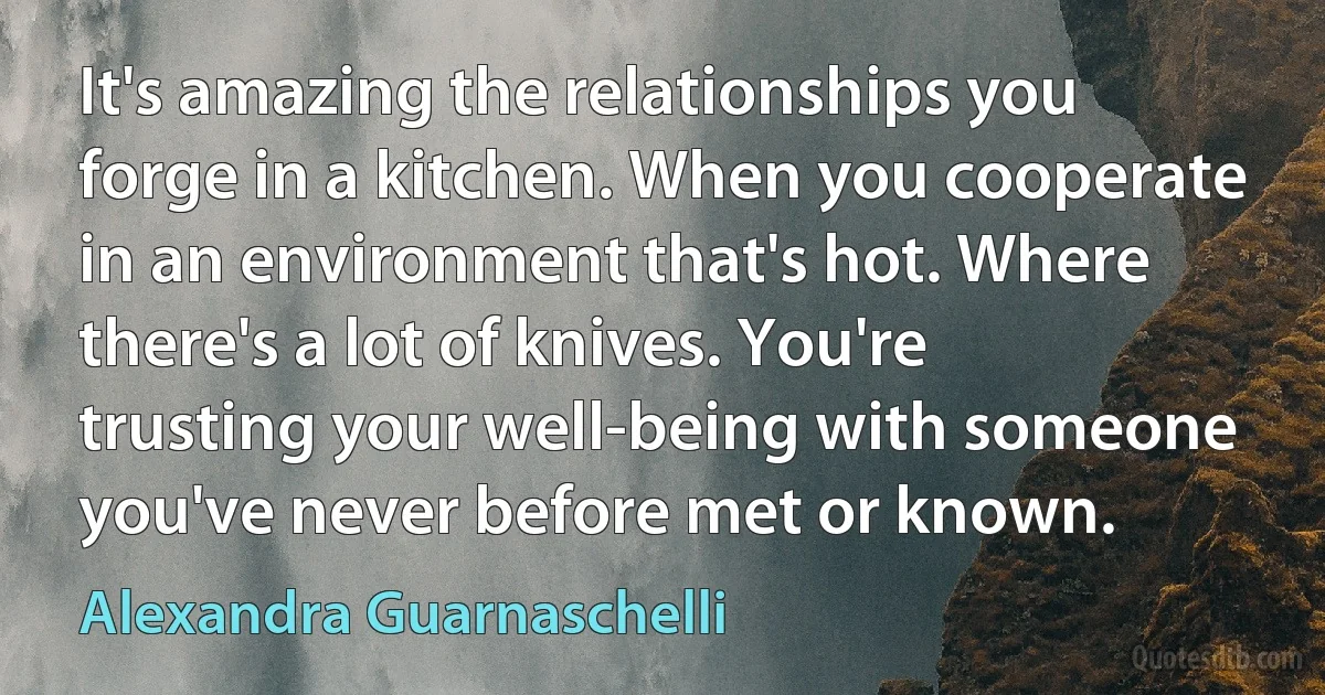 It's amazing the relationships you forge in a kitchen. When you cooperate in an environment that's hot. Where there's a lot of knives. You're trusting your well-being with someone you've never before met or known. (Alexandra Guarnaschelli)